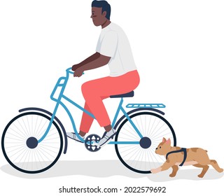 Man walks dog on bicycle semi flat color vector character. Full body person on white. Pet running alongside bike isolated modern cartoon style illustration for graphic design and animation