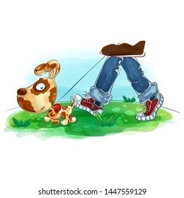 A man walks with a dog on the green grass. Vector cartoon character. Hand drawing and watercolor background.