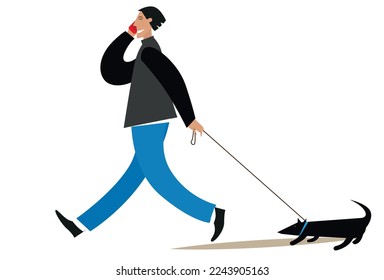 A man walks with a dog on a leash and talks on the phone. White background
