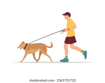 Man walks with a dog on leash. A guy is walking with his pet while doing sports. Outdoor activity design. Happy young boy and his lovely puppy. vector cartoon illustration