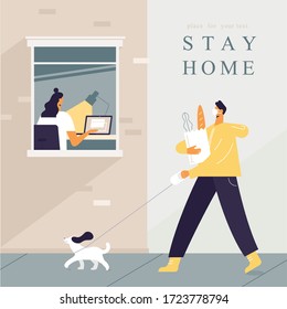 A man walks with a dog and a pack of products in a face mask. Girl works at home at the computer. Illustration of prevention from virus pandemic. Self-isolation during an epidemic. Vector, flat style