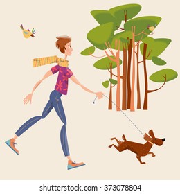 Man walks a dog in a park. Landscape. Vector illustration