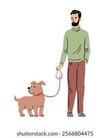 A man walks with a dog. Pet care. Friendship between animal and human. Flat vector art illustration isolated on white background