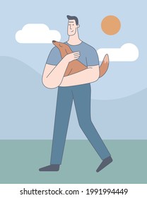 A man walks with a dog. Vector illustration isolated on flat background.Cartoon style.