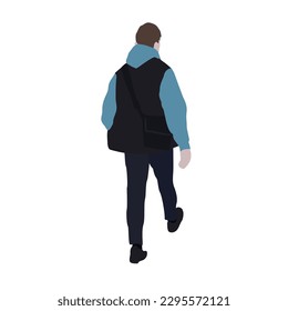 Un hombre camina por la calle con ropa de primavera. Imagen 2D para uso como séquito. Infografía de la ciudad plana vectorial.