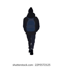 Un hombre camina por la calle con ropa de primavera. Imagen 2D para uso como séquito. Infografía de la ciudad plana vectorial.