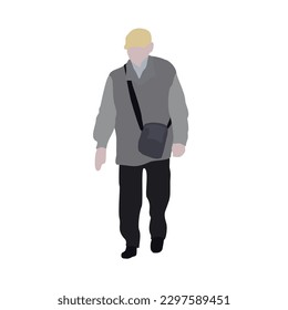 Un hombre camina por la calle con ropa de primavera. Imagen 2D para uso como séquito. Infografía de la ciudad plana vectorial.