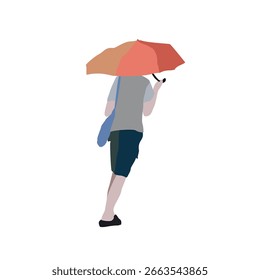 Un hombre camina por la calle con ropa de primavera. Imagen 2D para su uso como séquito. Infografía de Vector flat city.	
