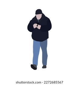 Un hombre camina por la calle con ropa de invierno. Imagen 2D para uso como séquito. Infografía de la ciudad plana vectorial.