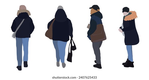 A man walks down the street in winter clothes. 2D image for use as an entourage. Vector flat city infographics.