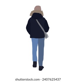 A man walks down the street in winter clothes. 2D image for use as an entourage. Vector flat city infographics.