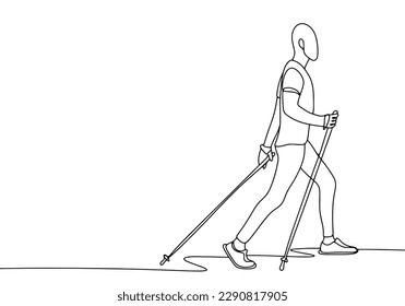 The man walks forward with sticks. Scandinavian walking. World Nordic Walking Day. One line drawing for different uses. Vector illustration.