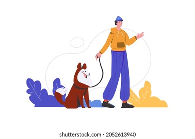 Man walks with his dog at city park. Owner is actively spending time with his companion pet, people scene isolated. Domestic animal care, friendship concept. Vector illustration in flat minimal design