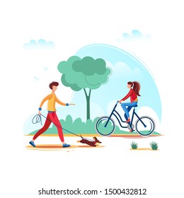 A man walks his dog in the park, the girl rides a bike. Cartoon character. Vector illustration isolated on white background.