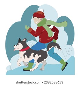 Man walks his dog in winter. Happy guy running with his Siberian Husky dog, vector illustration. Sports concept illustration.