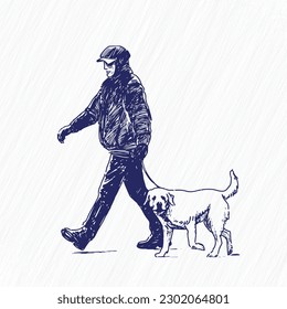 A man walks his Labrador dog in the rain. Sketch in blue pencil. Vector image AI 10