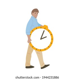 Un hombre camina y sostiene un gran reloj con cánceres. El hombre de negocios está planeando tu tiempo. La persona en ese momento.