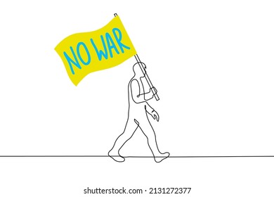 man walks with huge flag with the inscription "NO WAR" in  colors of Ukrainian flag - one line drawing vector. concept of protest against the war in Ukraine 