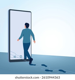 A man walks into a cell phone leaving footprints. A metaphorical illustration of digital footprints, browser history and tracking.