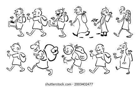 The man walks joyfully. Set of funny walking people. Drawing line. Vector illustration