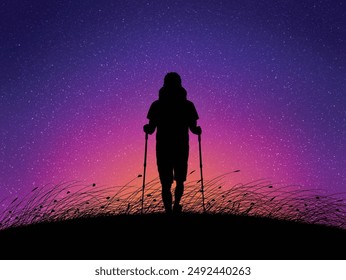 Man walks at mountain top. Hiking with trekking poles. Starry sky