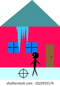man walks near a house under the roof of which dangerous icicles hang that can be harmful to health or kill
