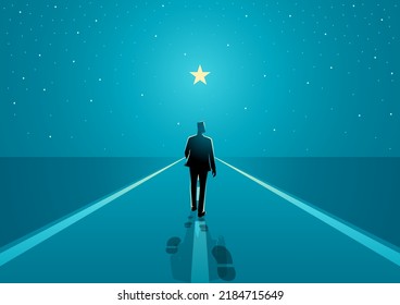Man walks on the boundless road to the bright star, success journey, long journey starts with one step - Shutterstock ID 2184715649