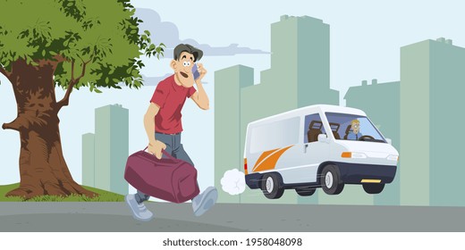 Man walks on city street. Male hurries to work. Guy talks on phone. Illustration concept for mobile website and internet development.