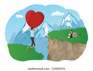 A man walks on a tightrope and holding a huge heart for his woman.