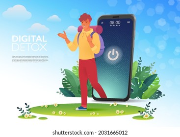 Man walks out from smartphone screen with turning off sign pursues nature. Digital detox concept vector banner.