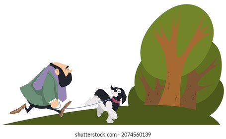 Man walks in park with dog. People and animal. Illustration concept for mobile website and internet development.