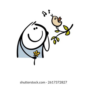 Man walks in a park or forest, collects flowers, listens to birdsong. Vector illustration of a stickman and a musical concert. Cartoon character isolated on white background.