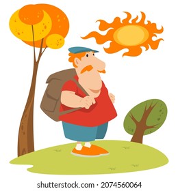 Man walks in park. Funny little human in forest. Illustration concept for mobile website and internet development.