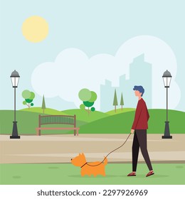 A man walks in the park on a summer day with his dog.