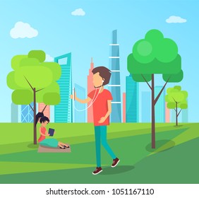 Man walks in park with smartphone and headphones. Woman reads book under trees. People spend time in green park near city cartoon vector illustration.