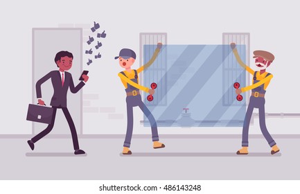 Man walks with smartphone to crash into a sheet of glass. Cartoon vector flat-style concept illustration