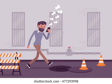 Man walks with smartphone to fall into a manhole. Cartoon vector flat-style concept illustration