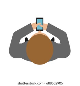 man walks with smartphone top view. Male and gadget phone
