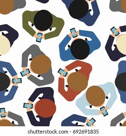 man walks with smartphone top view seamless pattern. Male and gadget phone background
