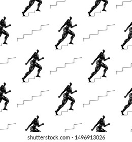 A man walks up the stairs seamless vector pattern. Line art. White background.