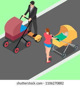A man walks with a stroller and for convenience uses a hoverboard. A woman with a stroller looks with surprise at the man with the stroller and the hoverboard.