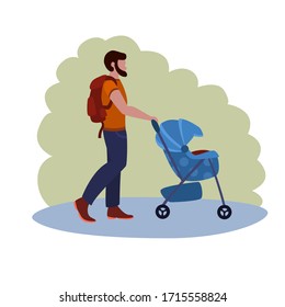 Man Walks With A Stroller In The Park vector illustration from family collection. Flat cartoon illustration isolated on white