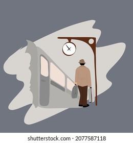 A man walks with a suitcase at the train station. Businessman on railway walking for new business opportunity. Retro style. Flat style. 