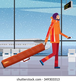 Man walks through the airport with a snowboard - sport tourism concept. Vector illustration