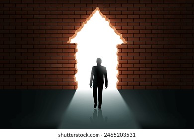 Man walks through a broken brick wall into the light. Stock vector illustration