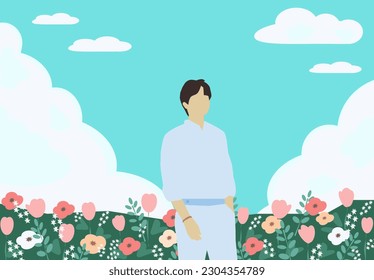 Ein Mann geht durch ein Feld mit Blumen und hinter ihm ist ein blauer Himmel mit Wolken