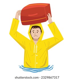 Man walks through the flood waters illustration