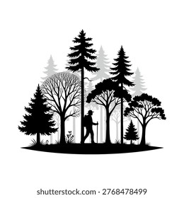 A man walks through a forest with trees