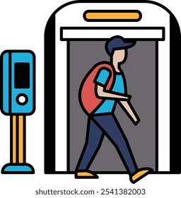 A man walks through a security checkpoint with a backpack. Concept of routine and order, as the man follows the rules and procedures of the security check