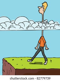 Man walks toward a ledge with long neck in clouds